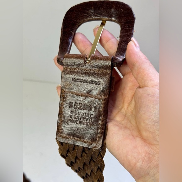 Michael Kors Signed Dark Brown Leather Woven Belt with Large Buckle - Picture 4 of 8